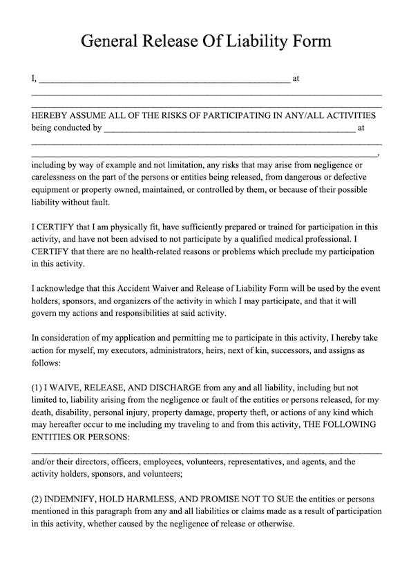 Free General Release form Template Free Release Of Liability form Template