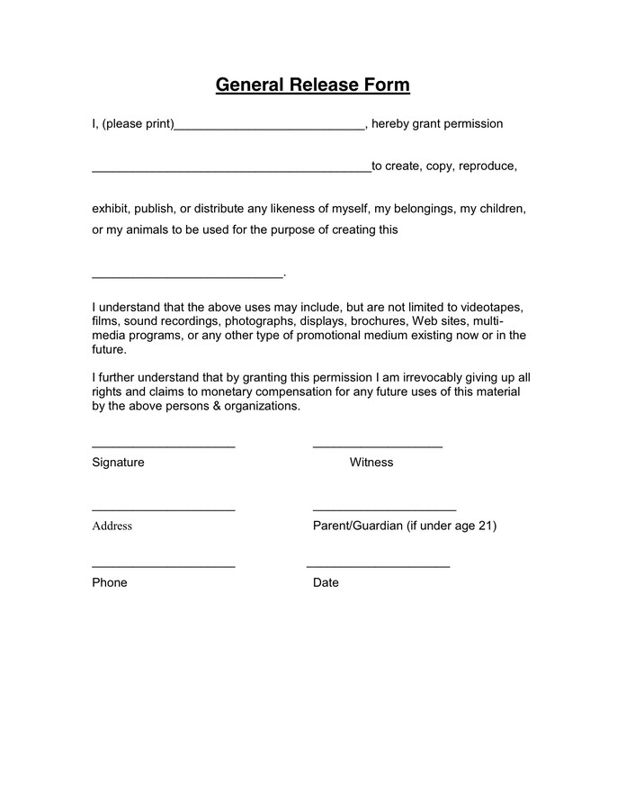 Free General Release form Template General Release form In Word and Pdf formats
