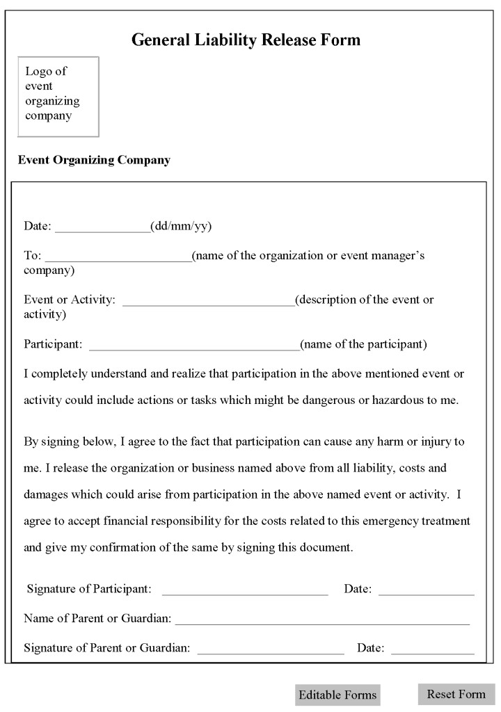 Free General Release form Template Printable Sample Release and Waiver Liability Agreement