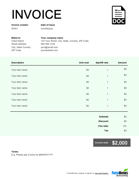 Free Invoice Template for Word Word Invoice Template Free Download