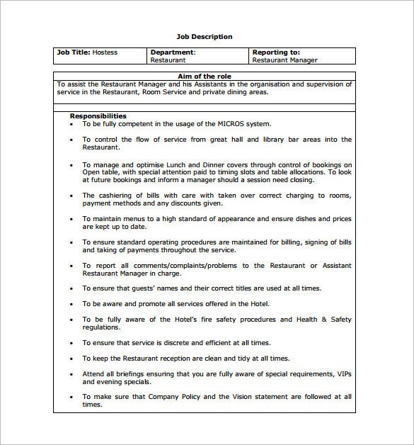 Free Job Description Template 11 Hostess Job Description Templates Free Sample