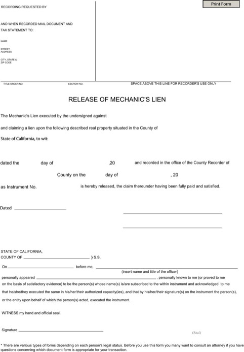 Free Mechanics Lien form Texas California Mechanic S Lien Release form