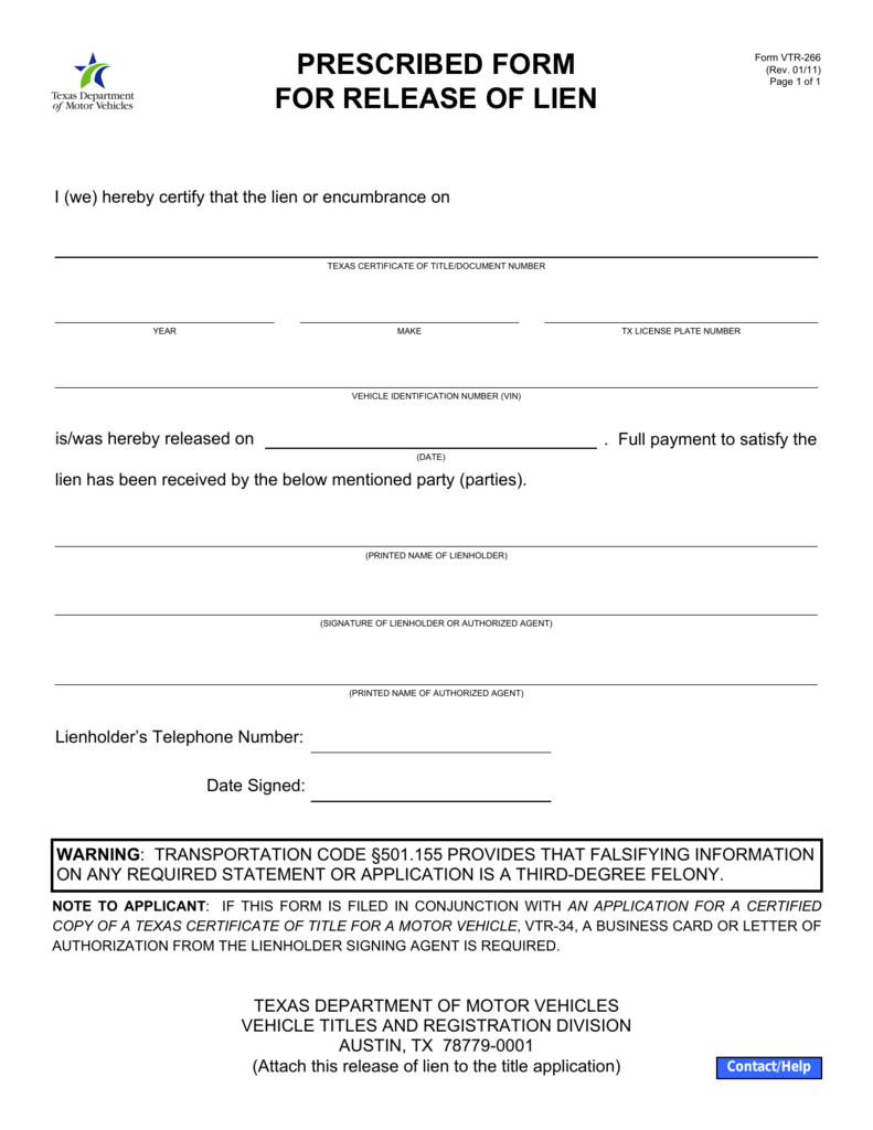 Free Mechanics Lien form Texas Vtr 266 Prescribed form for Release Of Lien