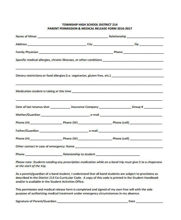Free Medical Release form 21 Emergency Release form Example