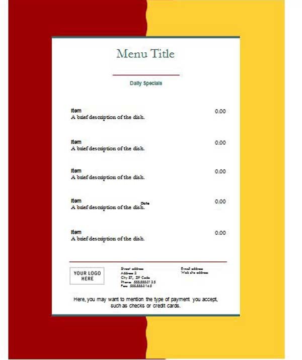 Free Menu Template for Word Free Restaurant Menu Templates Microsoft Word Templates