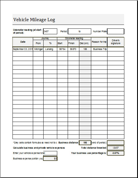 Free Mileage Log Template Vehicle Mileage Log Book Template for Excel