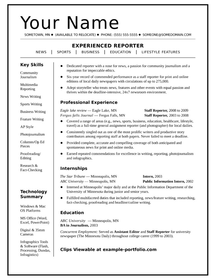 Free One Page Resume Template E Page News Reporter Resume Template