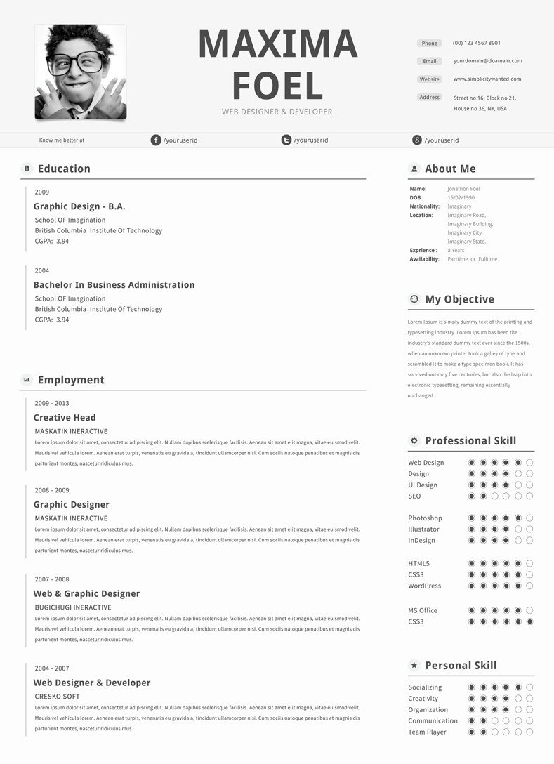 Free One Page Resume Template Single Page Resume Template On Behance