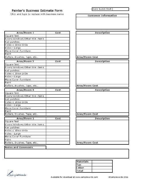 Free Painting Estimate Template Painter S Business Estimate form