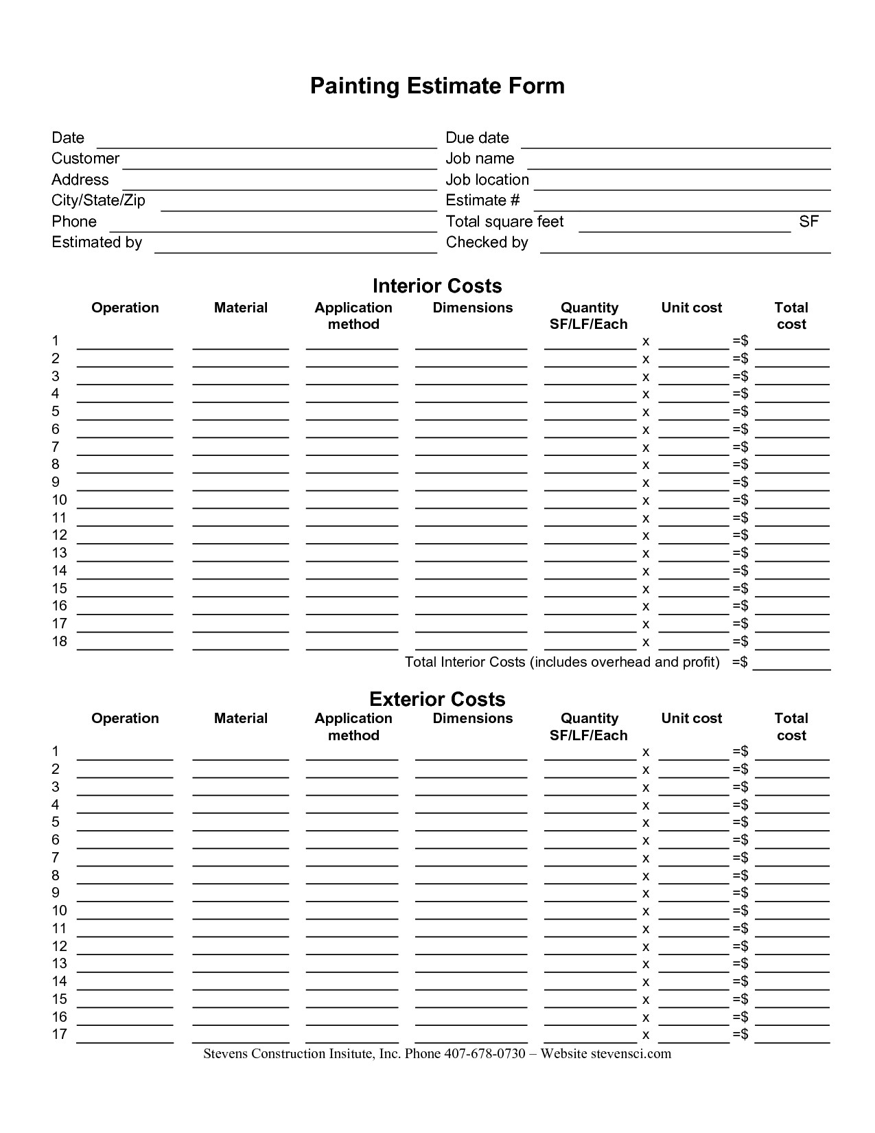 Free Painting Estimate Template Painting Estimate forms
