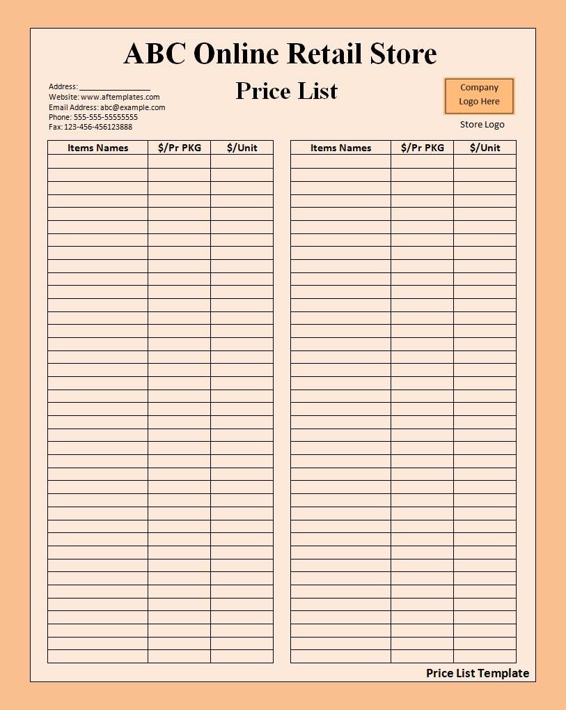 Free Price List Template List Templates