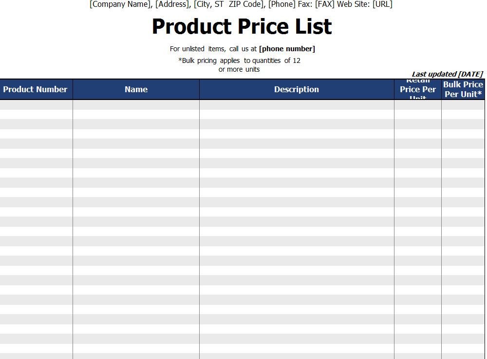 Free Price List Template Product Price List