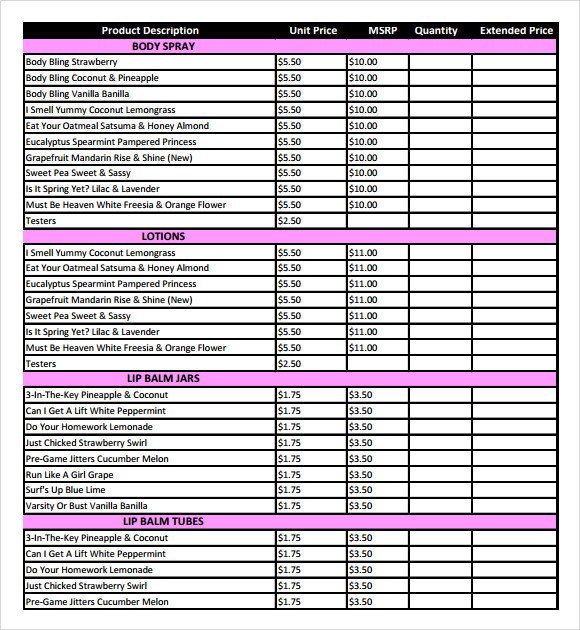Free Price List Template Sample Price Sheet 7 Examples format
