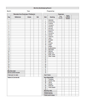 Free Printable Accounting forms Monthly Bookkeeping Record Template