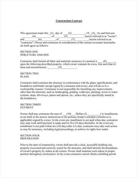 Free Printable Construction Contracts Construction Contract Template