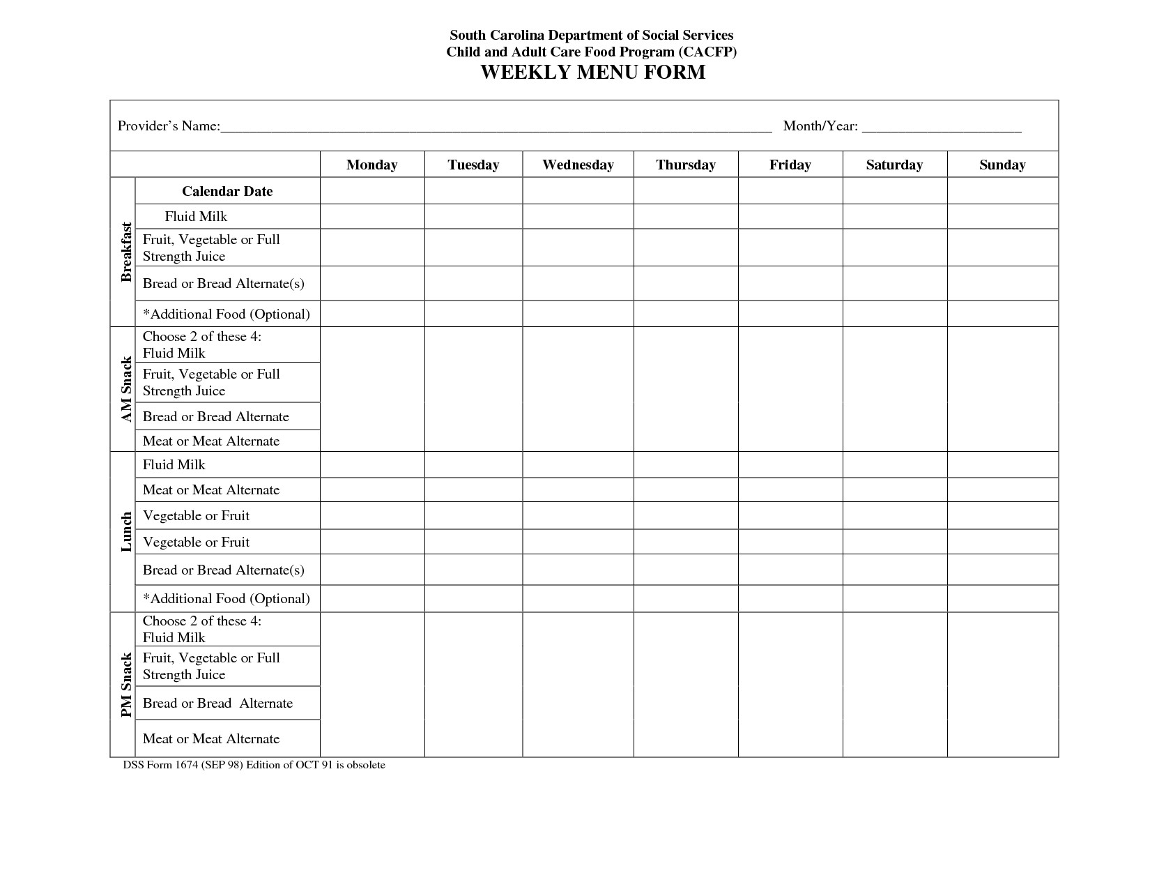 Free Printable Daycare Menus Blank Weekly Menu Calendar