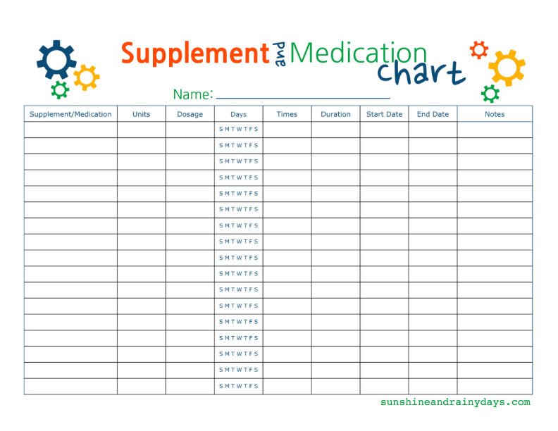 Free Printable Medication Chart Supplement and Medication Chart Printable Sunshine and