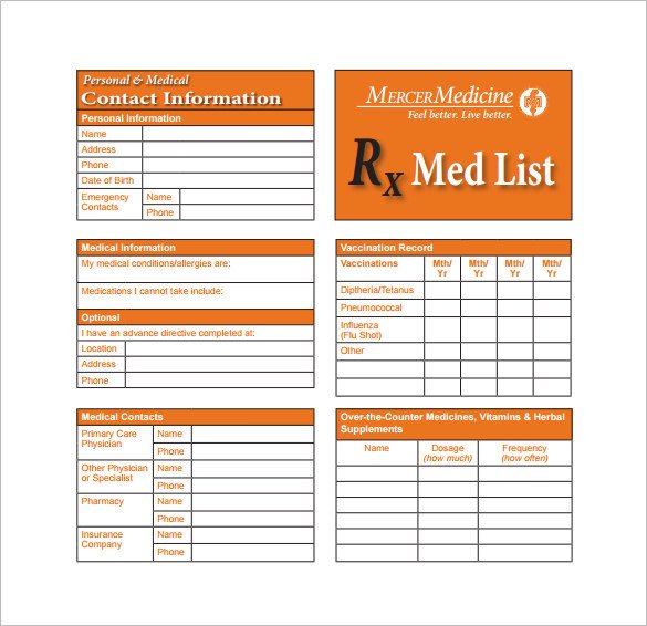 Free Printable Medication List Template 8 Medication Card Templates Doc Pdf