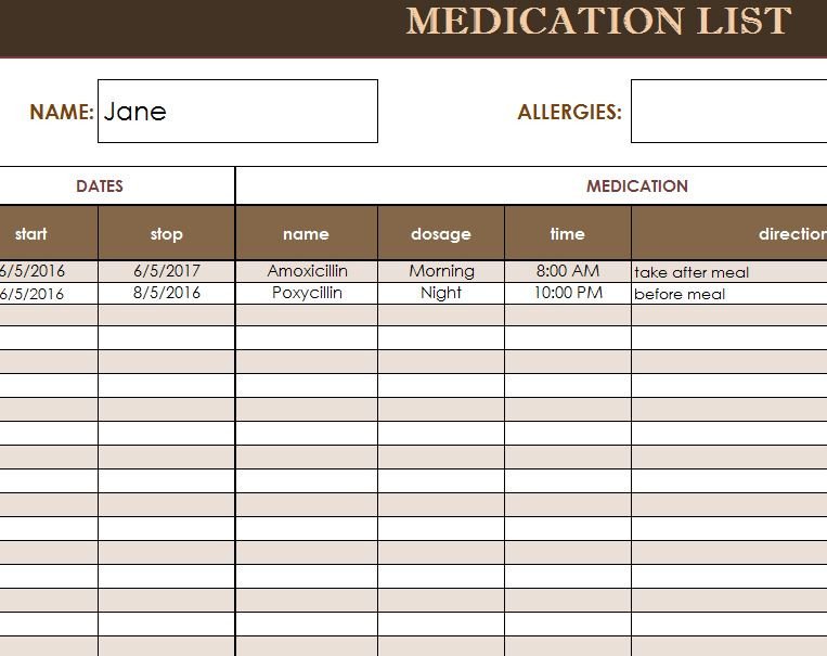 Free Printable Medication List Template Medication List Template My Excel Templates