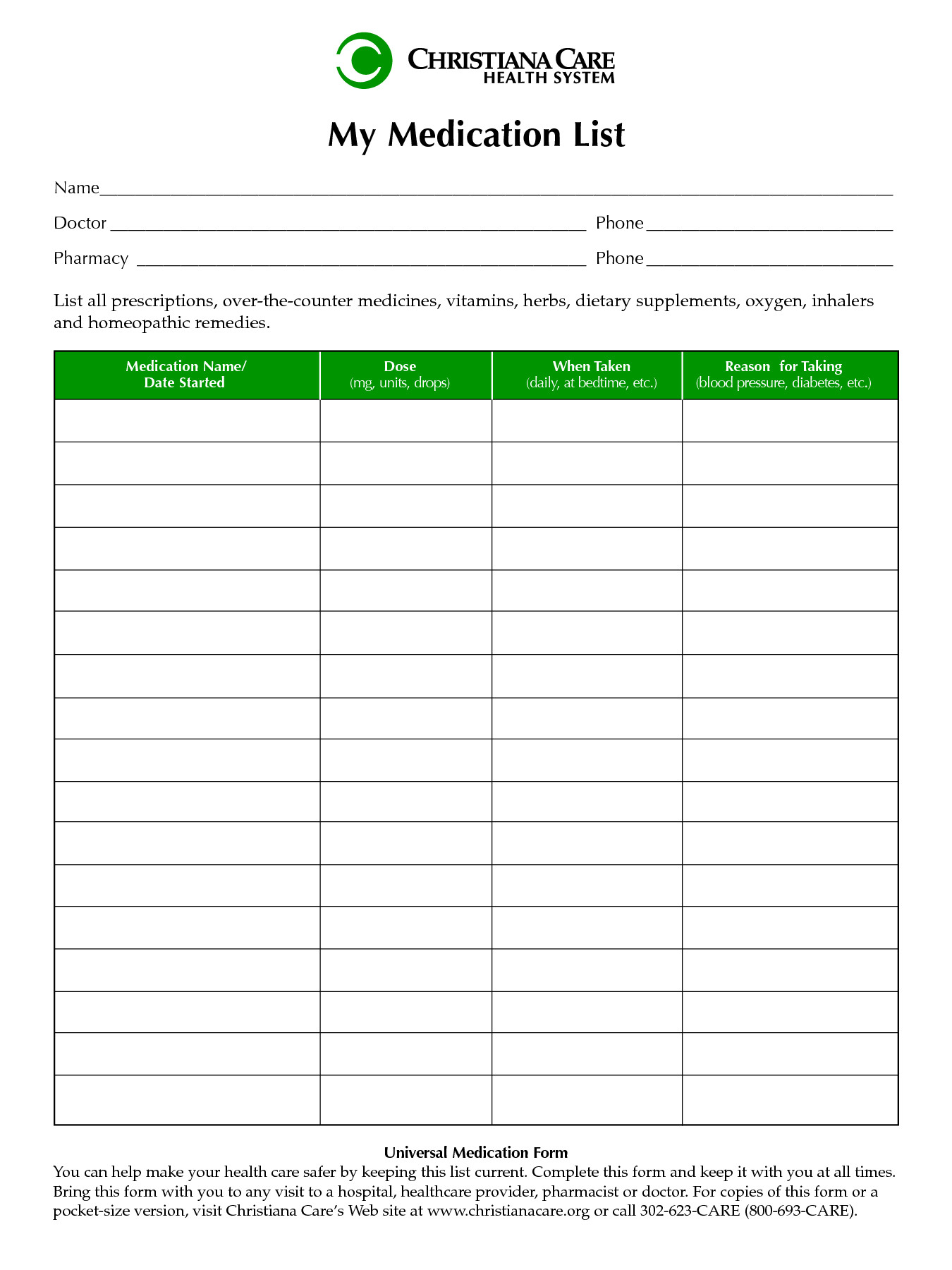 Free Printable Medication List Template Medication List Wallet Cards for Patients