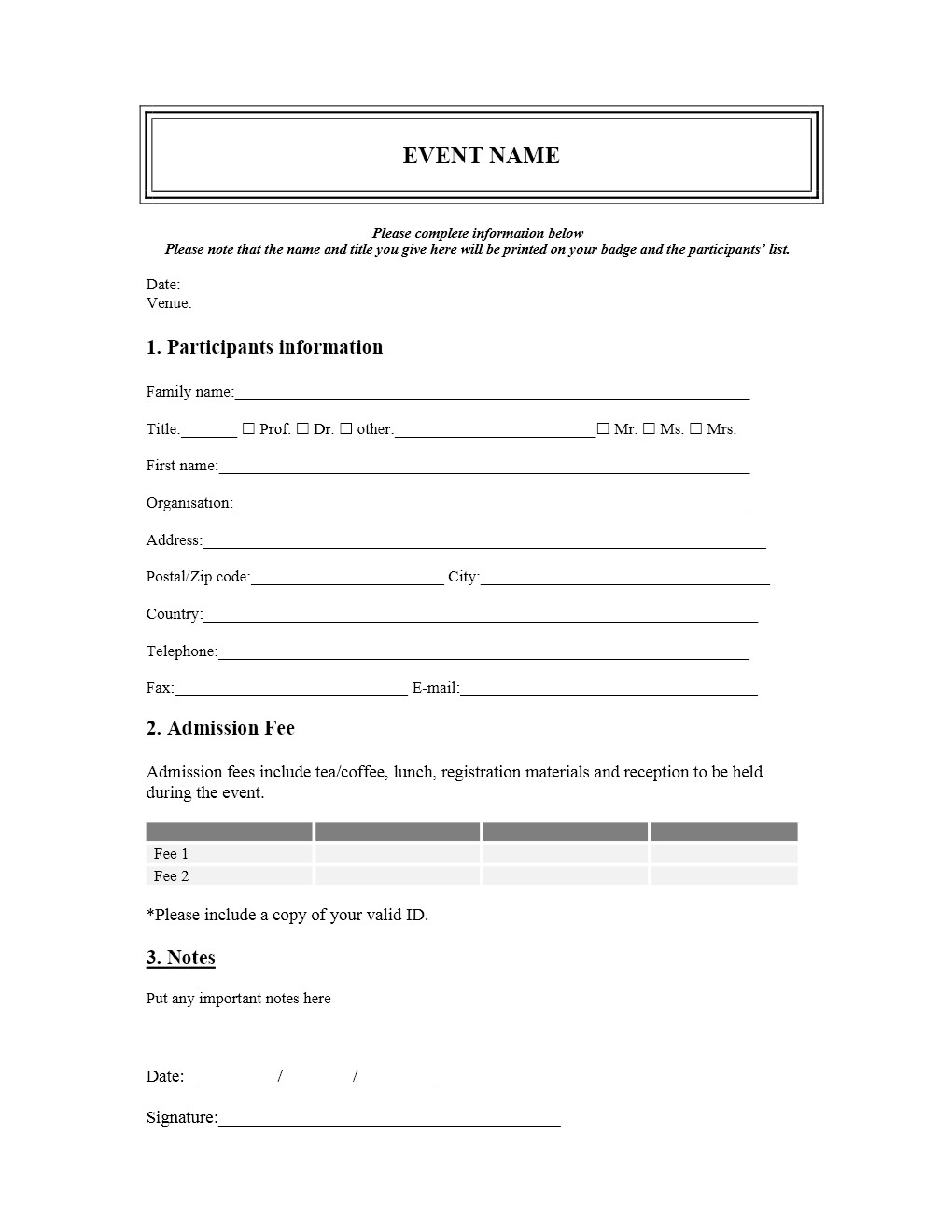Free Registration forms Template event Registration form