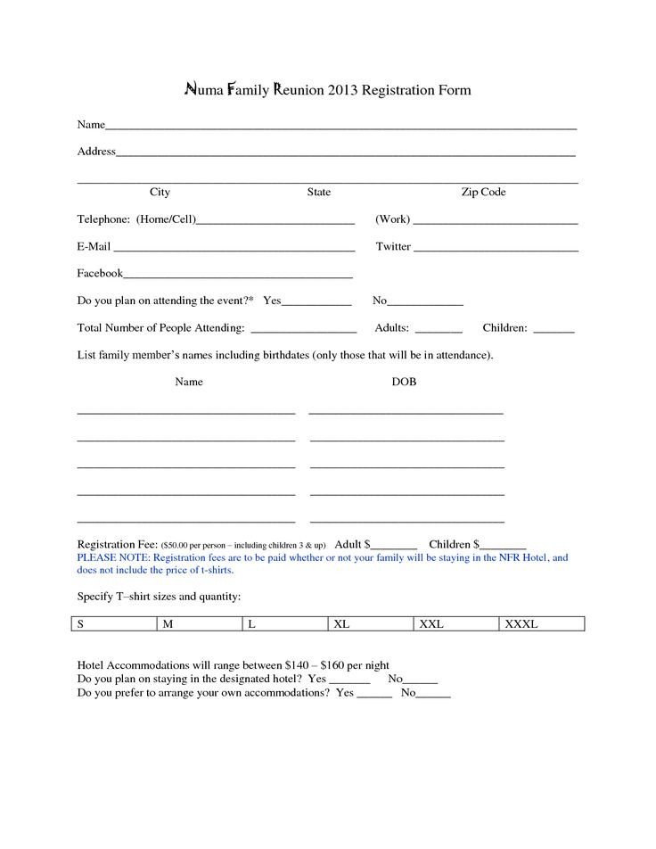 Free Registration forms Template Family Reunion Registration form Template