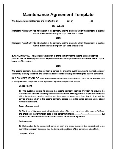 Free Service Contract Template Maintenance Agreement Template