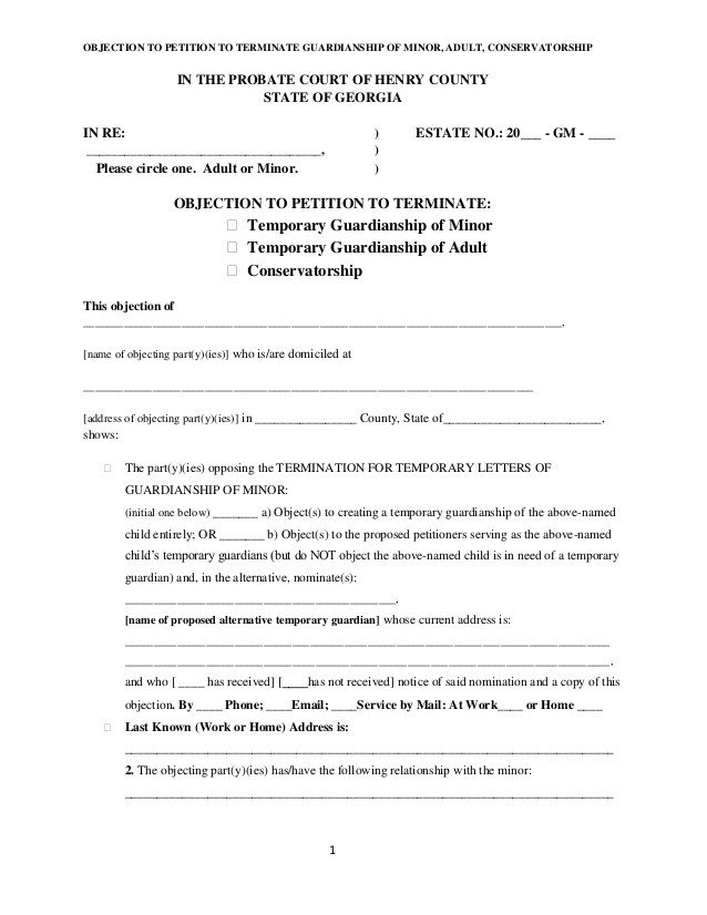 Free Temporary Guardianship form California Objection to Petition to Terminate Guardianship Of Minor