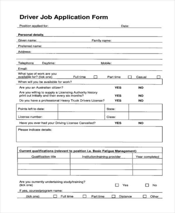 Free Truck Driver Application Template 8 Sample Job Application forms Free Sample Example