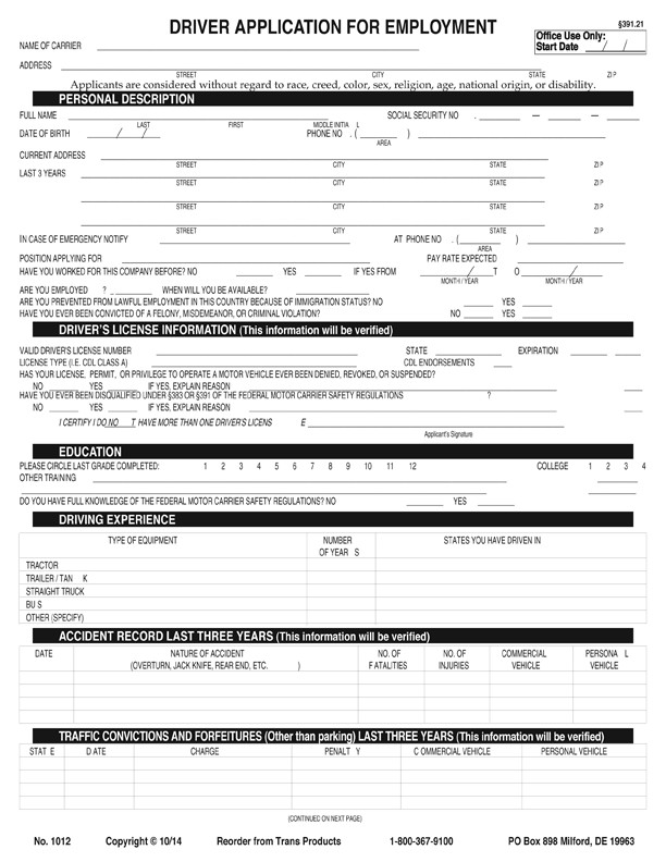 Free Truck Driver Application Template Driver Application for Employment – No 1012