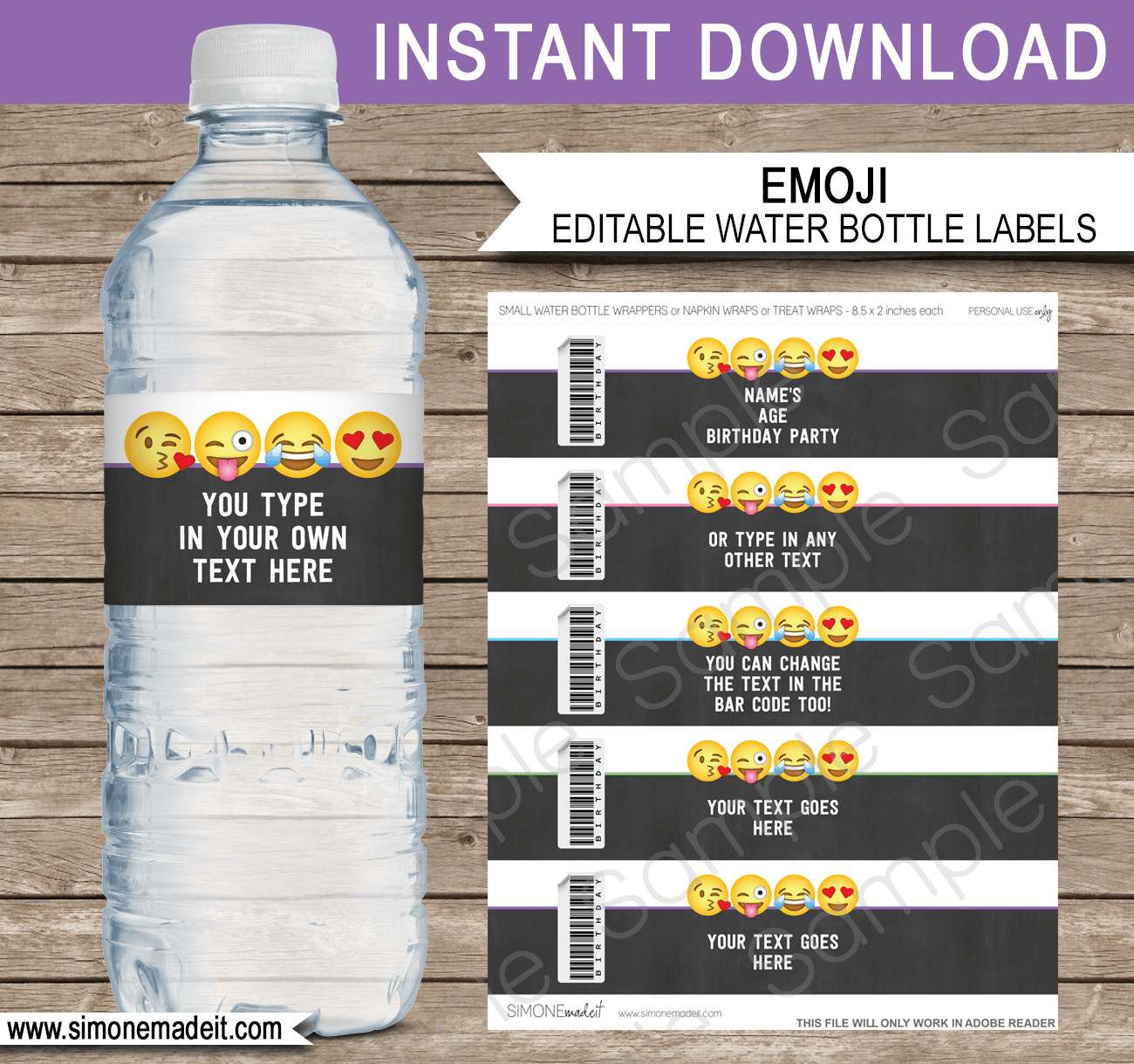 Free Water Bottle Label Template Emoji theme Birthday Party Printables