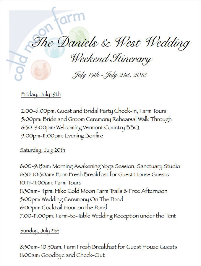 Free Wedding Itinerary Template 4 Sample Wedding Weekend Itinerary Templates Doc Pdf