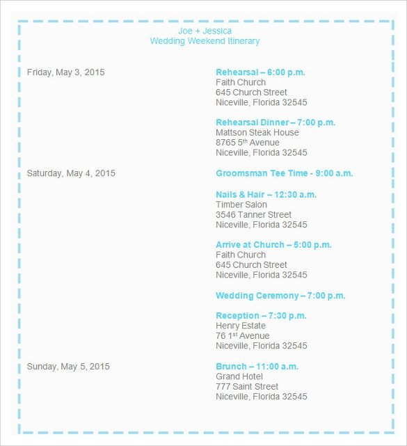 Free Wedding Itinerary Template Sample Wedding Weekend Itinerary Template 12 Documents