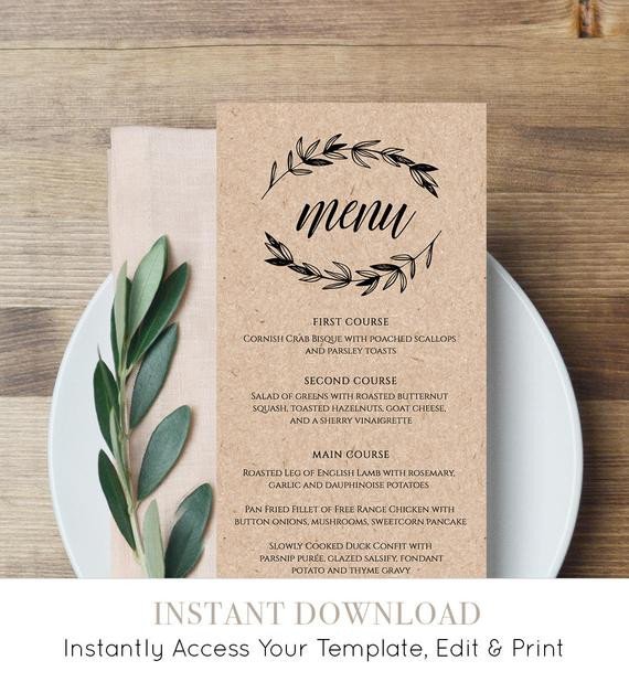 Free Wedding Menu Templates Rustic Wedding Menu Template Printable Menu Card Editable