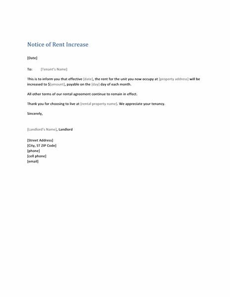 Friendly Rent Increase Letter Notice Of Rent Increase form Letter Templates