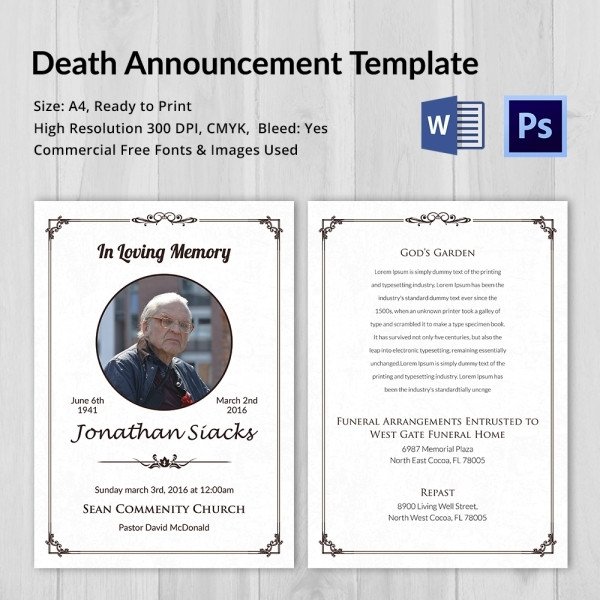 Funeral Announcement Template Free Death Announcement 5 Word Psd format Download
