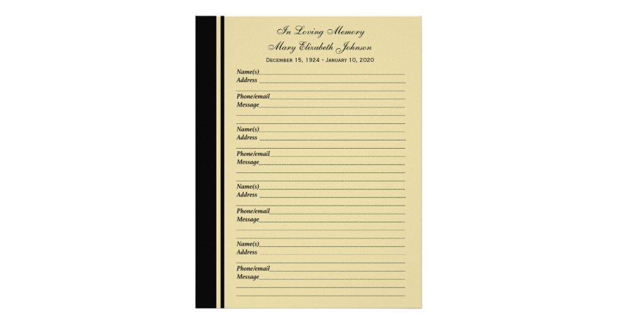 Funeral Guest Book Template Memorial Remembrance Guest Book Filler Page Paper