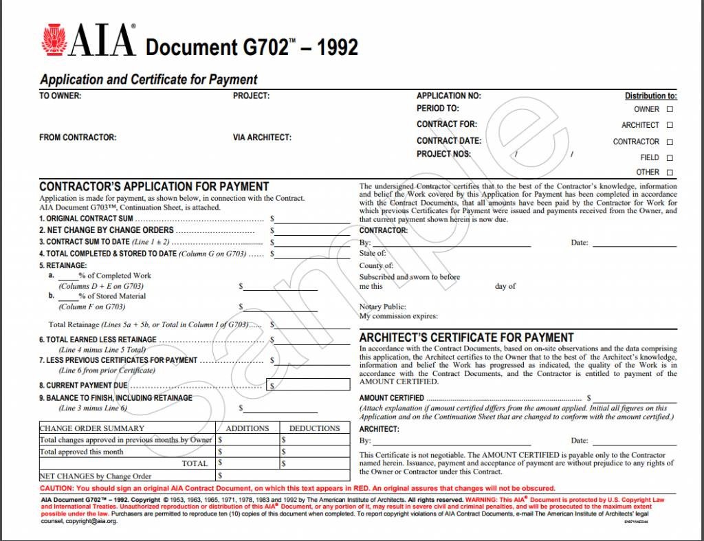 G702 form Excel G702–1992 Application and Certificate for Payment Aia