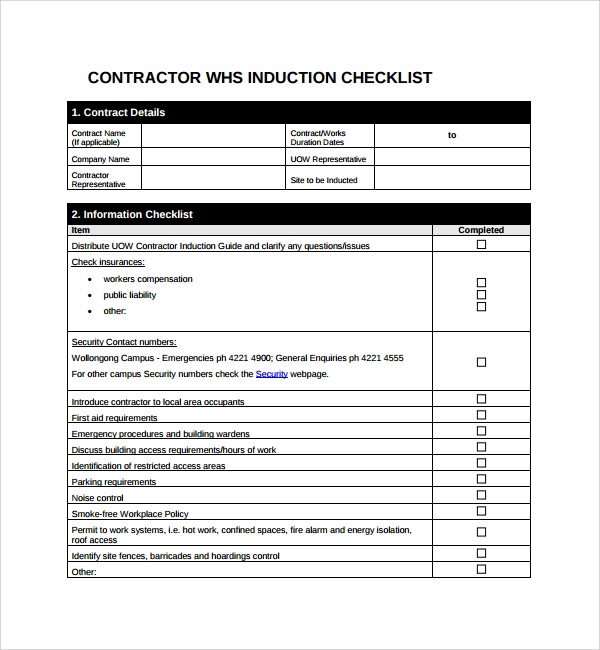 General Contractor Checklist Template Sample Induction Checklist Template 13 Free Documents