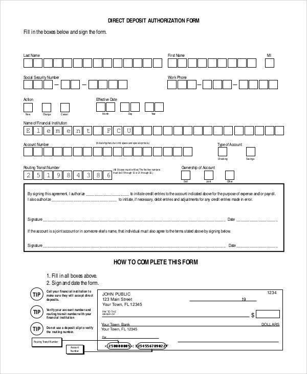 Generic Direct Deposit form Sample Direct Deposit Authorization form 10 Examples In