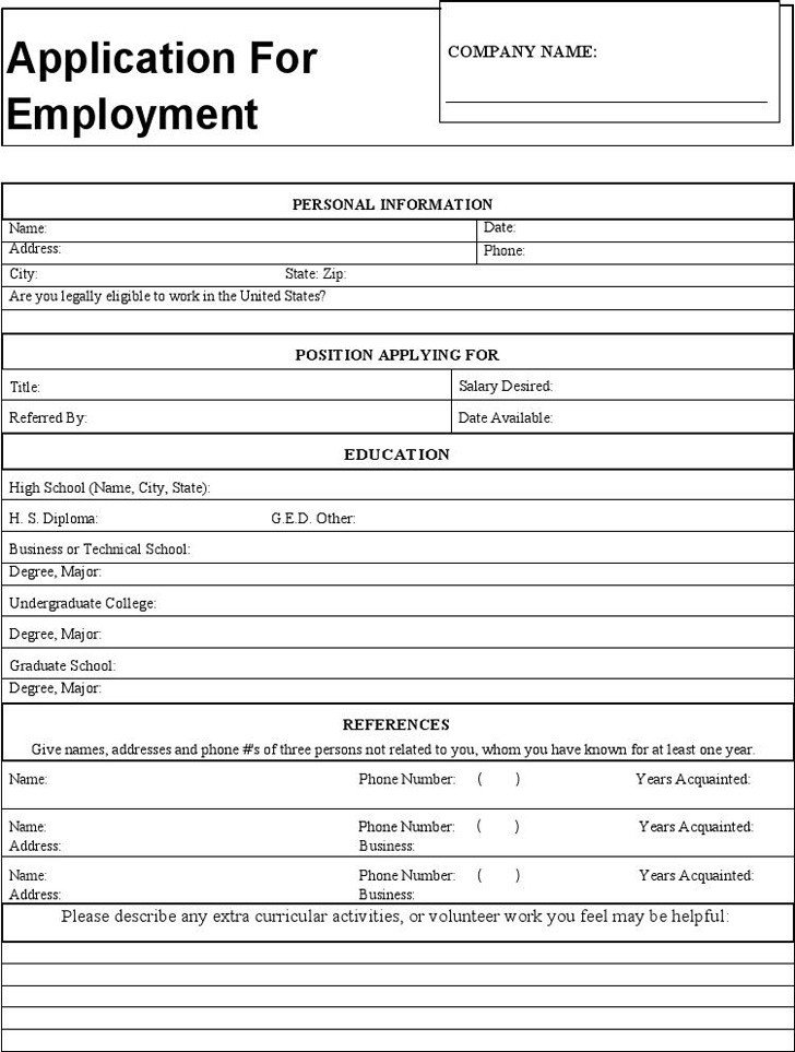 Generic Job Application Template 4 Generic Application for Employment Free Download
