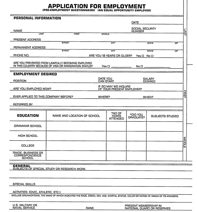 Generic Job Application Template Application for Employment form