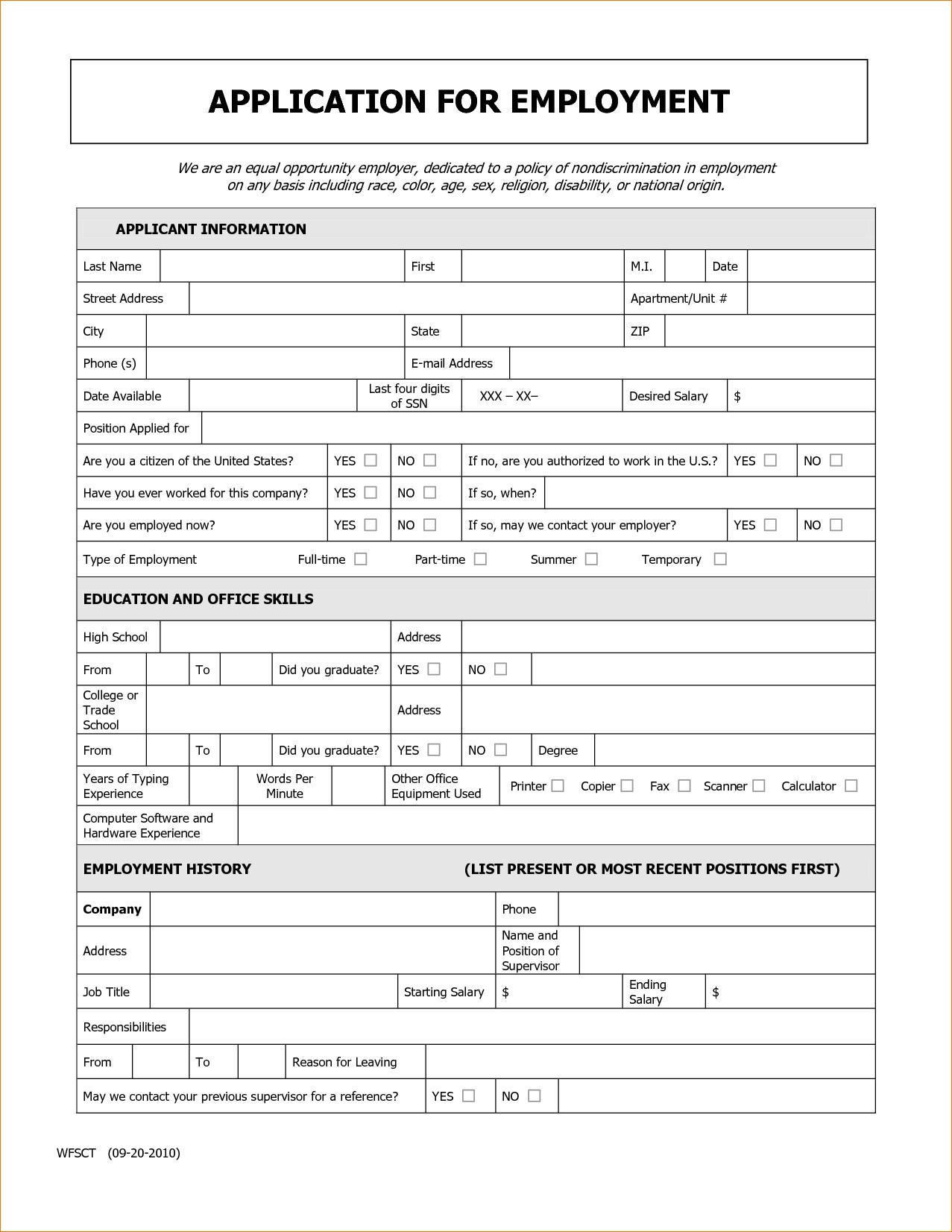 Generic Job Application Template Employee Application