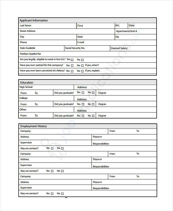 Generic Job Application Template Generic Employment Application Template 8 Free Pdf