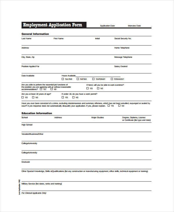 Generic Job Application Template Generic Employment Application Template 8 Free Pdf