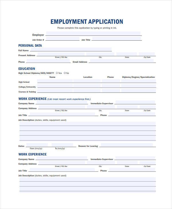 Generic Job Application Template Generic Employment Application Template 8 Free Pdf