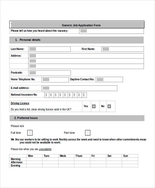 Generic Job Application Template Sample Job Application form 9 Examples In Pdf Word