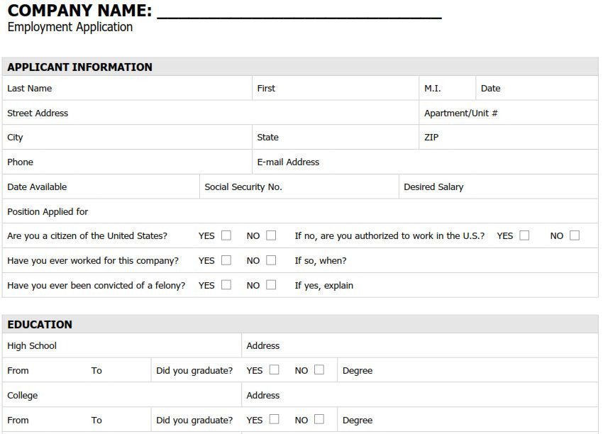 Generic Job Application Template Word Printable Pdf Generic Employment Application form
