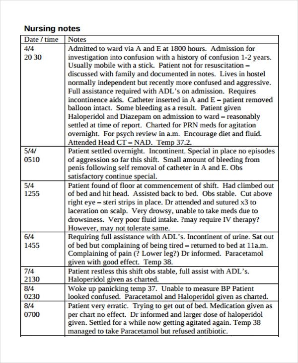 Good Nursing Notes Examples Nursing Note Templates 6 Free Word Pdf format Download