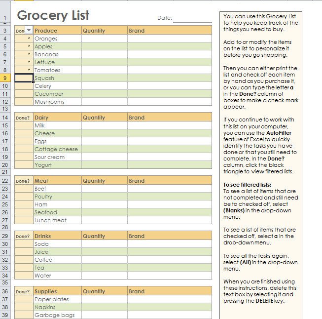 Grocery List Template Excel Grocery Shopping List Template for Excel